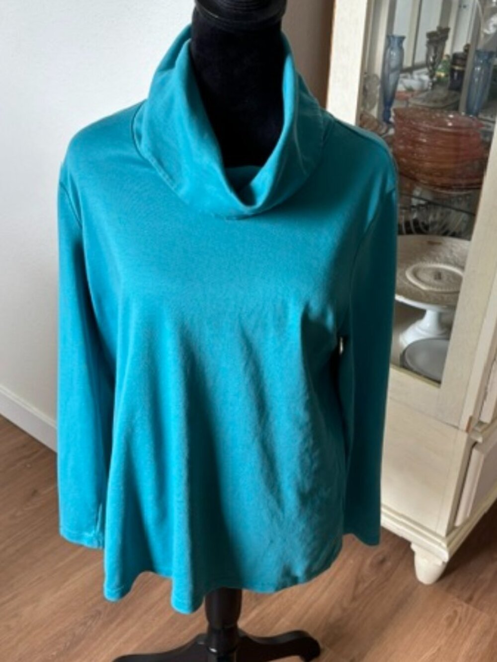 LL Bean Womens Teal Green Supima Cotton Cowl Neck Turtleneck Top EUC L